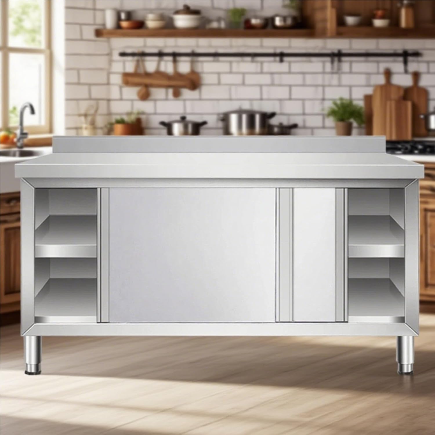 Stainless Steel Sliding Door WorkbenchH 80cm 1-Piece Track with Backrest Kitchen Work Table Fully Welded Construction Internal Shelving Storage Rack Adjustable Feet