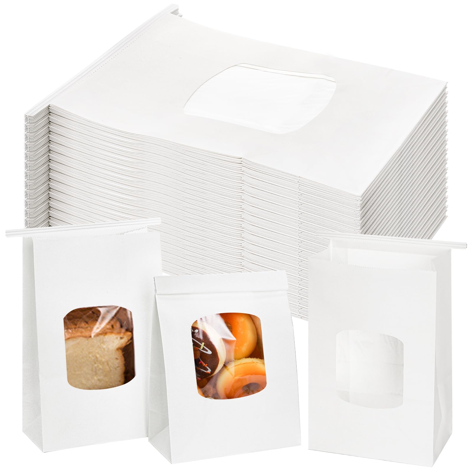 Okllen 100Pcs Bakery Bags with Window, 6x3x9 Inches White Tin Tie Tab Lock Kraft Paper Bags for Cookies, Coffee Beans