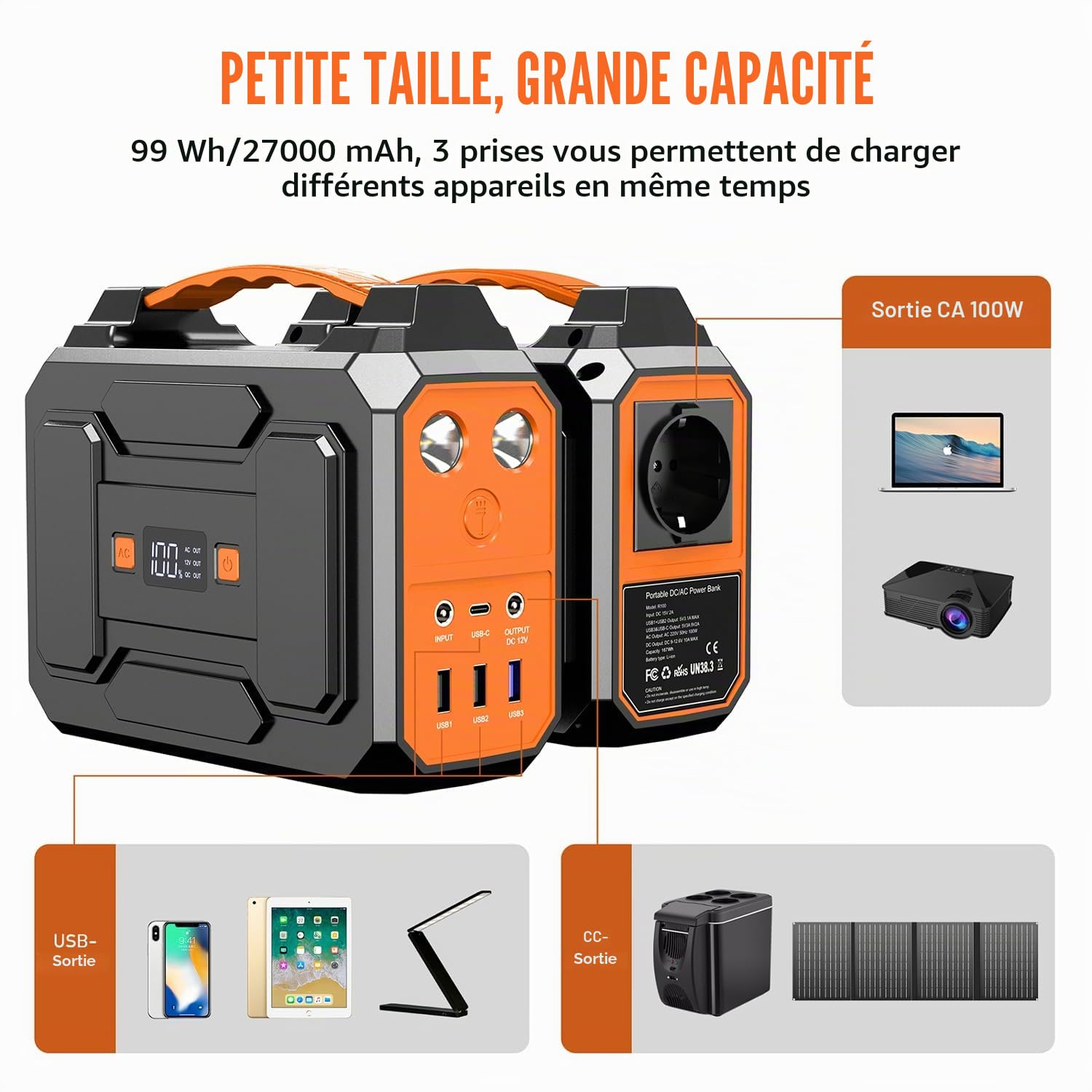 Powkey Station d'alimentation portable 99 Wh/27000 mAh avec panneau solaire pliable 40-100 W, sortie AC 230 V / USB-A/USB-C 18 W pour camping-car, camping, noir/orange
