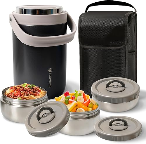 Lonchera térmica para adultos con insertos apilable, caja Bento de acero inoxidable aislado al vacío (74 onzas gris espacial)