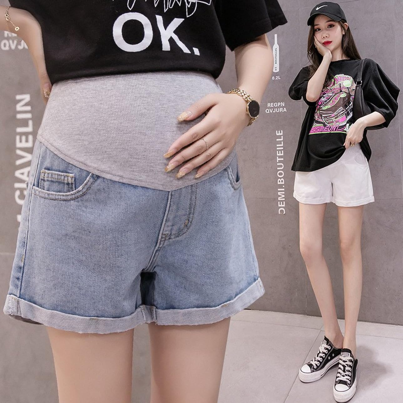 Pantaloncini Premaman Donna Denim Jeans Shorts Estivi Premaman Leggings Sportivi Regolabile Donna Incinta Shorts Corti Aderente Pantaloni Gravidanza Over Bump