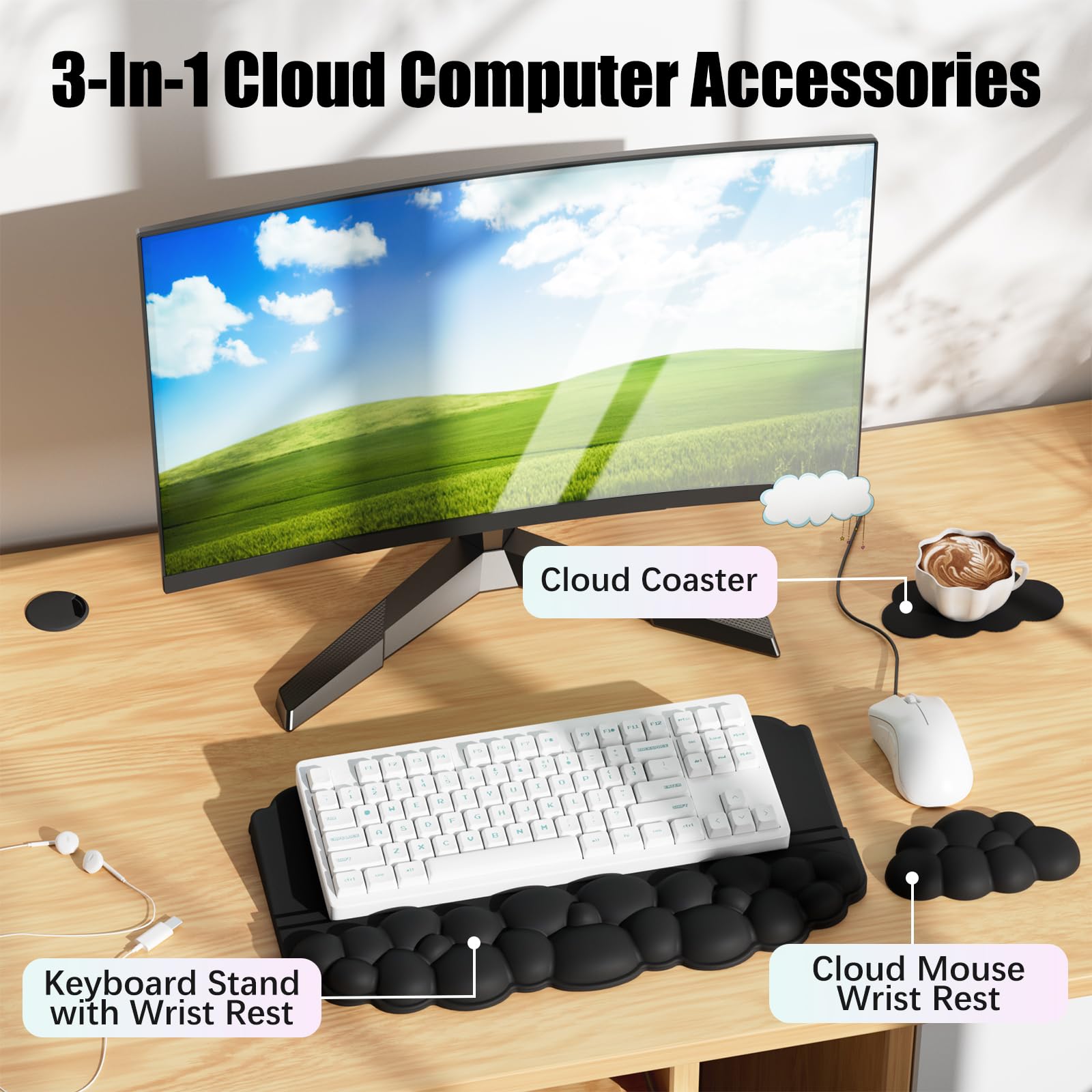 Ergonomische Handballenauflage für Tastatur und Maus, weicher Memory-Schaum, Cloud-Tastatur-Ständer-Pad mit Handgelenkauflage-Set mit rutschfester Silikonbasis, einfaches Tippen, Schmerzlinderung