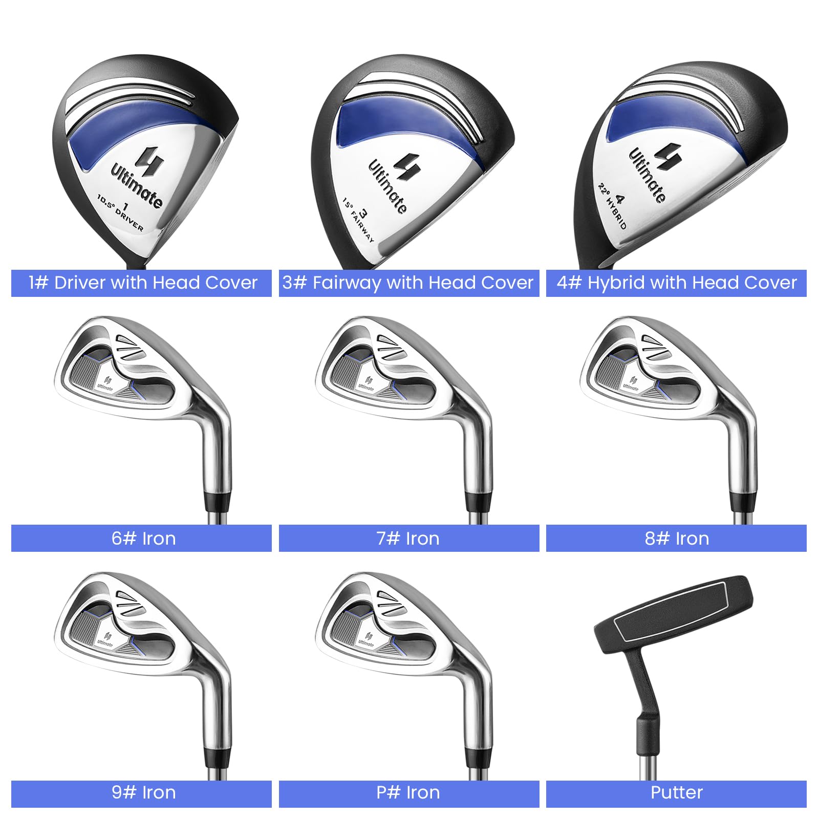 LIFEZEAL Set de Golf Complet 9 Pièces pour Adultes, Ensemble de Clubs de Golf #1 Driver, #3 Parcours, #4 Hybride, Fer #6, #7, #8, #9, #P, 1 Putter, 3 Housses de Tête