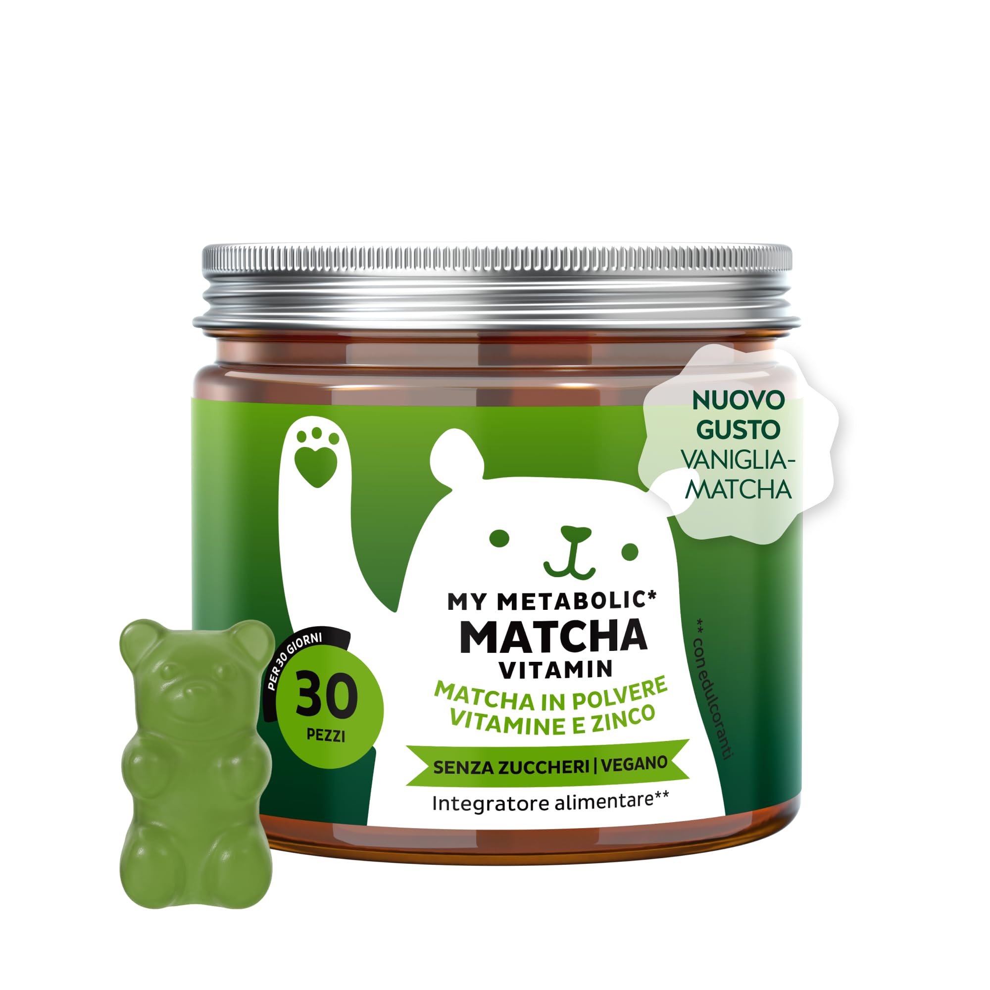 My Metabolic Matcha Vitamin Caramelle Gommose - Integratore Energizzante Naturale - Con Matcha, Vitamina B12, B2, Zinco, Niacina - 30 Pezzi (1 Mese) - Senza Zucchero, Vegano - Bears with Benefits