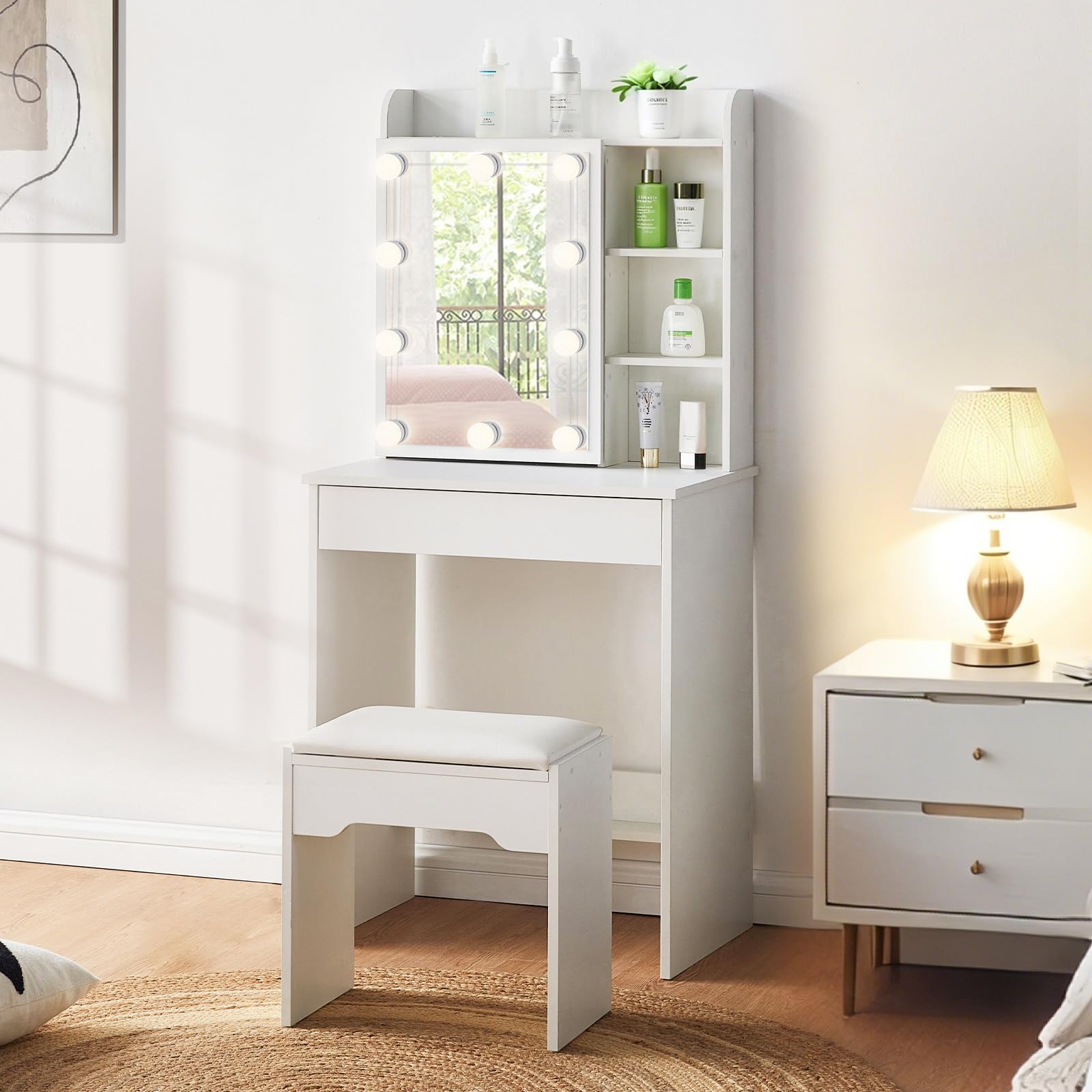 LEMROE Tocador Hollywood con Espejo LED y Taburete, Mesa de Maquillaje Blanca con 7 Estantes y 1 Cajón