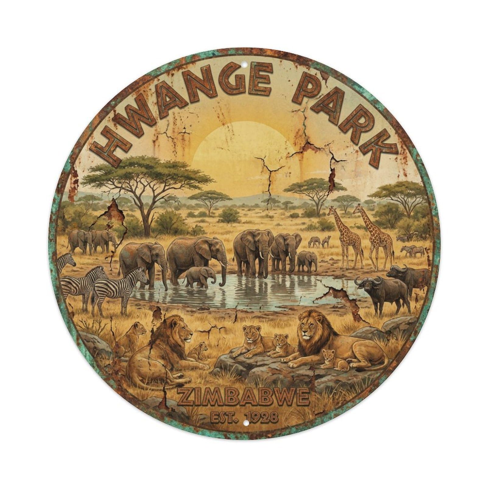 Travel Vintage Zimbabwe Hwange Park Metal Tin Sign