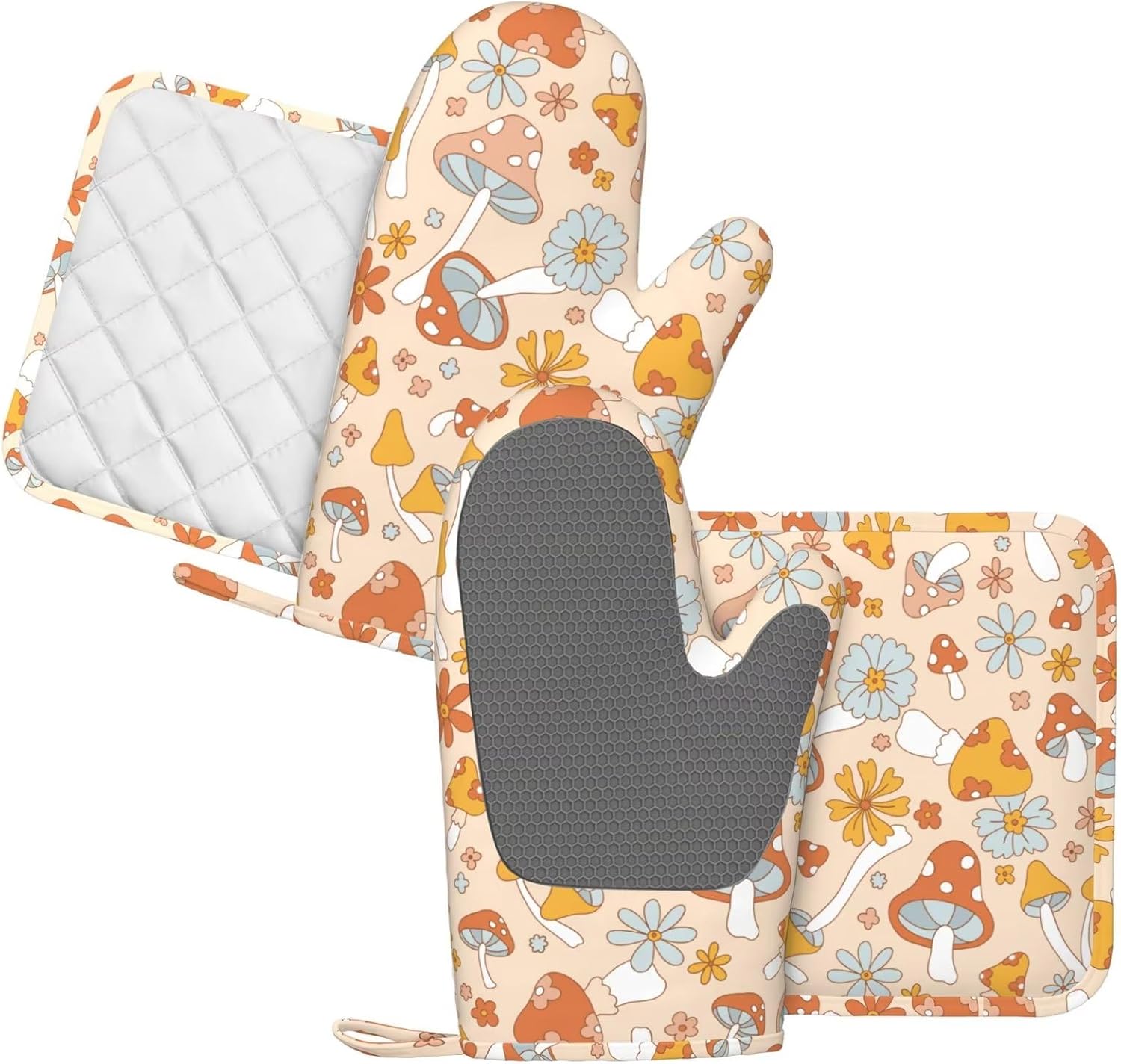 Retro 70s 60s Mushroom Oven Mitts Pot Holders Set Silicone Vintage Orange Flower Boho Floral Kitchen Oven Mitts Heat Resistant Potholders Non-Slip 4pcs Hot Pads and Oven Gloves Sets for BBQ