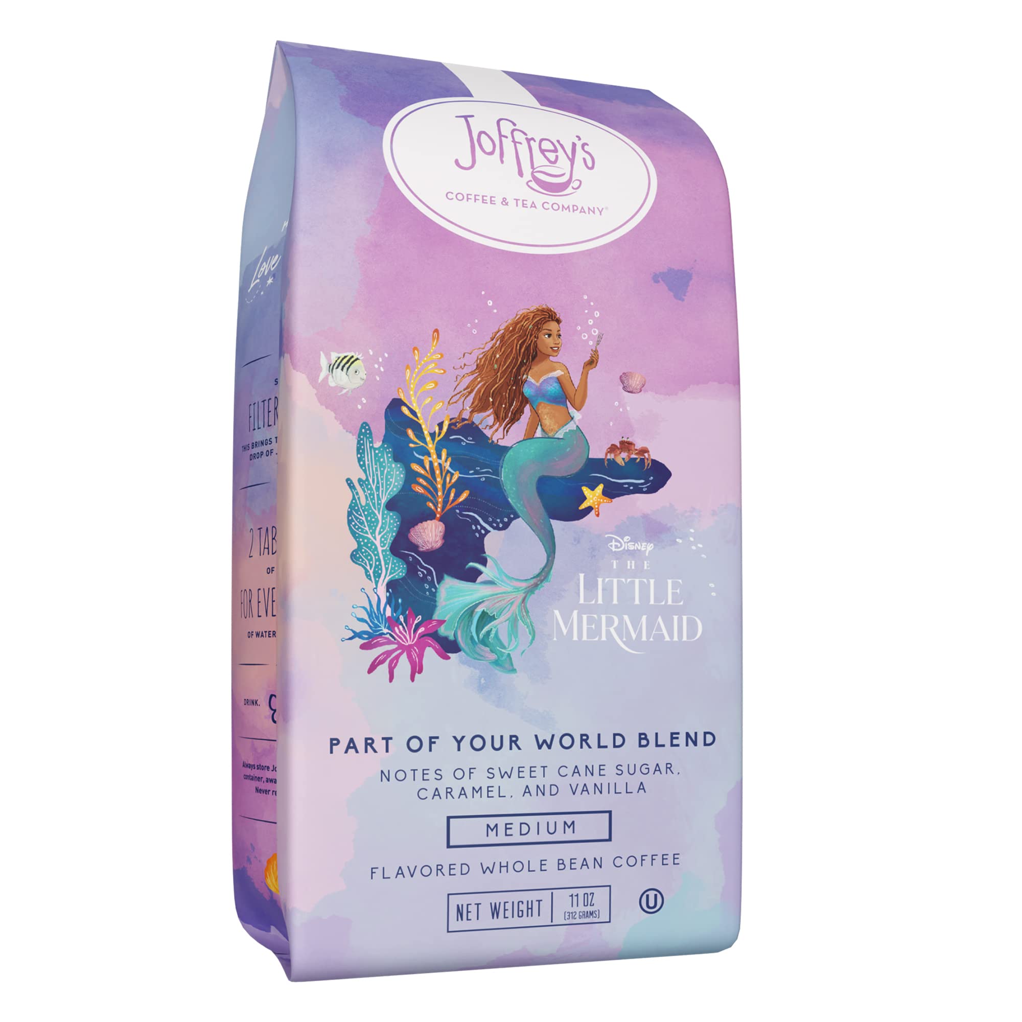 Joffrey's Coffee - Disney The Little Mermaid Part of Your World Blend, Disney Specialty Coffee Collection, Smooth Flavors, Artisan Medium Roast, Arabica Beans, Brew or French Press (Whole Bean, 11oz) The Little Mermaid (Flavored Whole Bean) 11 Ounce (Pack of 1)