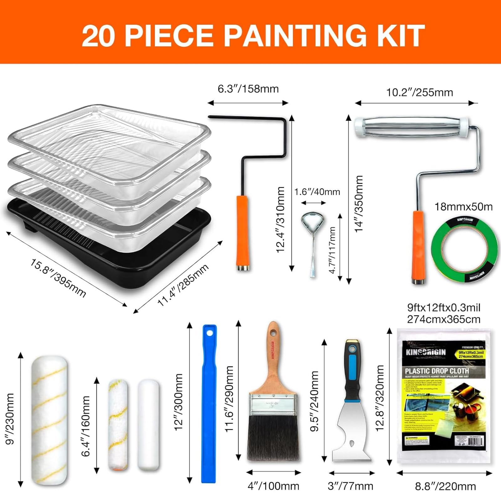 Kit de 20 rodillos de pintura, rodillos de pintura de 9 y 6 pulgadas, pinceles, bandejas de pintura y accesorios, suministros de pintura profesionales para paredes y techo