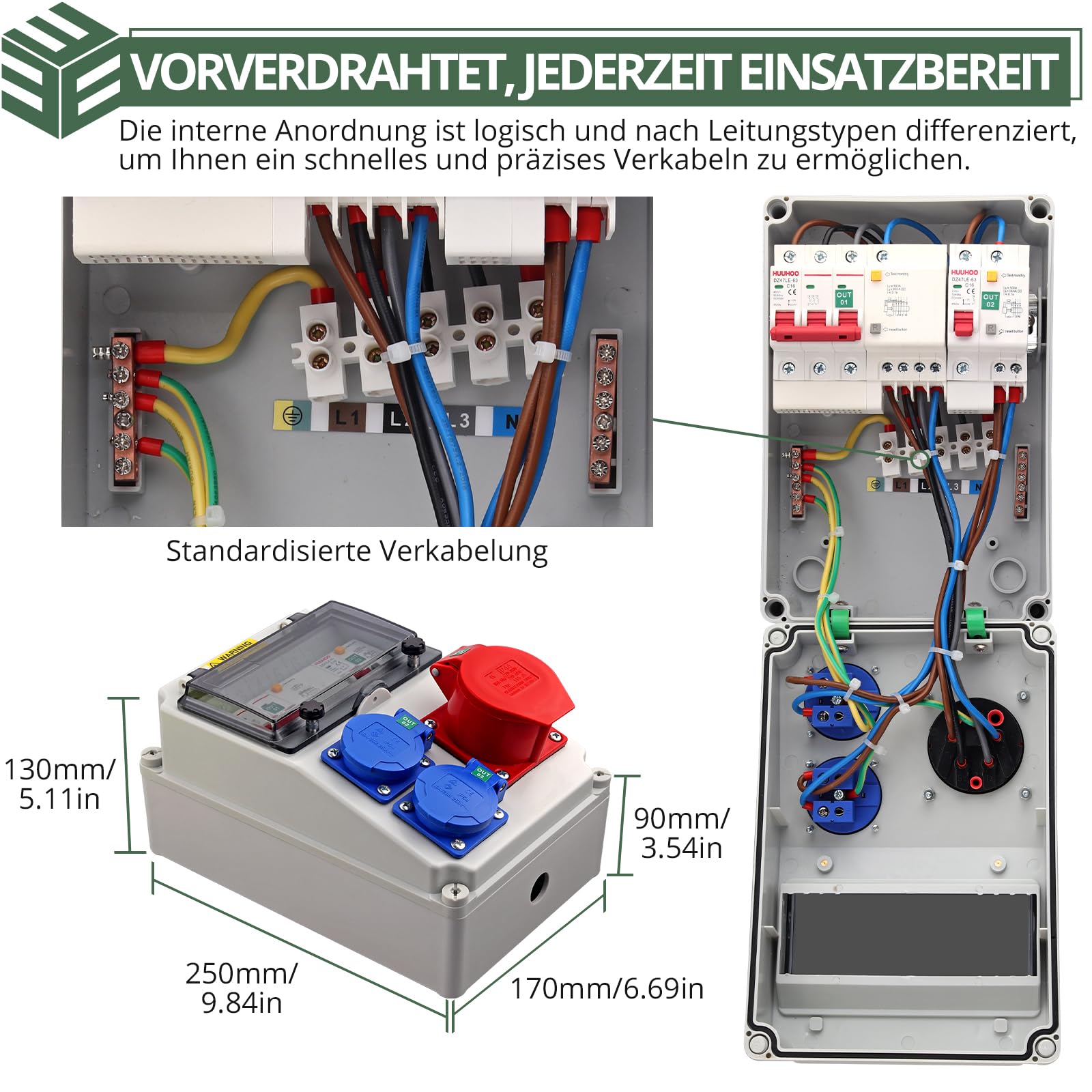 EYPINS Baustromverteiler mit LS+FI, Wandverteiler 2x 230V Schuko-, 1x CEE-Steckdose 16A Stromverteiler IP66 Wasserdicht, flammhemmende ABS Verteiler für Innen und Außen Werkstätten Fabriken