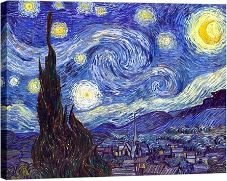 Pyradecor Van Gogh Starry Night Canvas Wall Art, Classic Impressionist Famous Oil Painting Reproduction, Gallery Wrapped Ready to Hang for Living Room Bedroom Office Home Decor