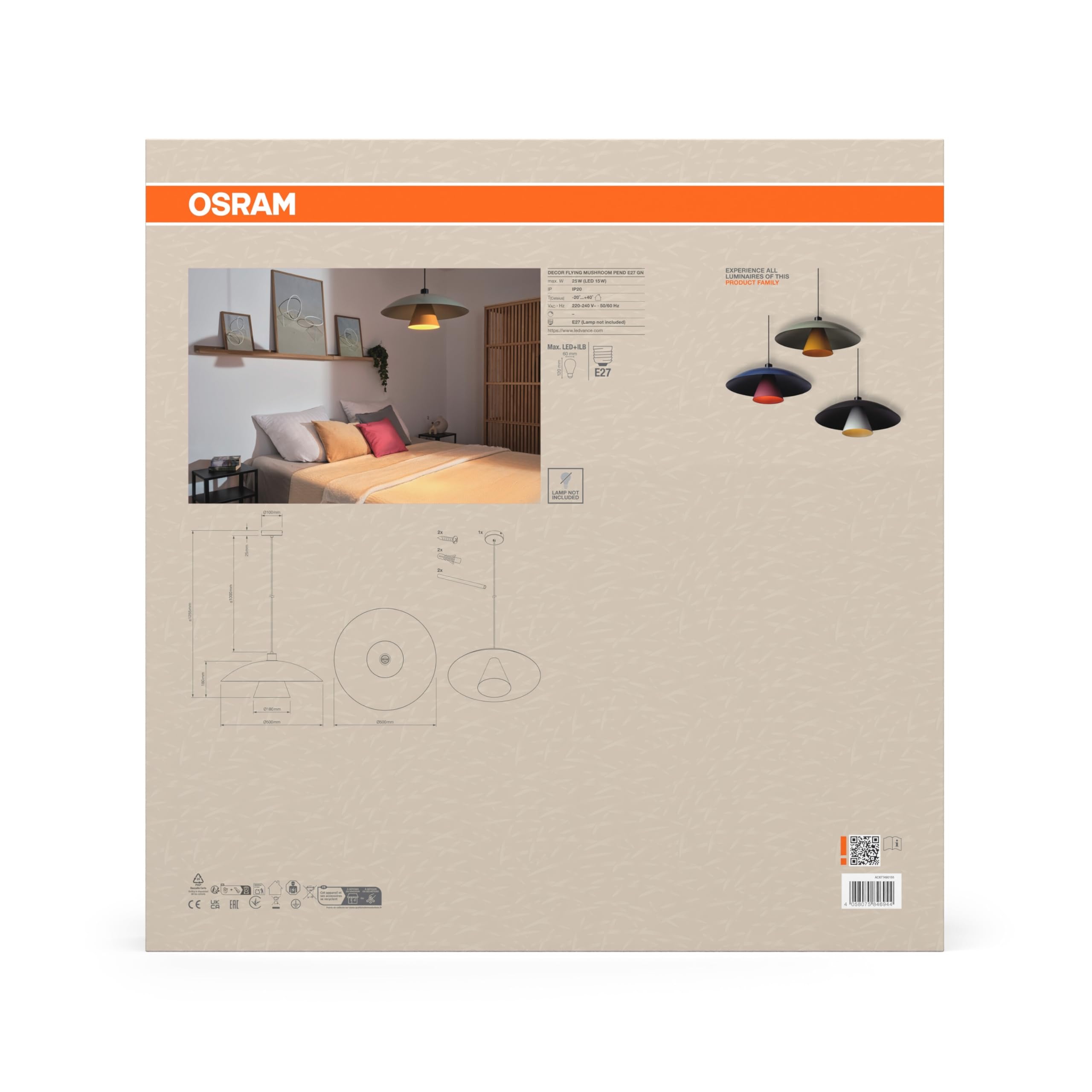 Osram Suspension DECOR Champignon Volant E27 Vert/Jaune 500mm, lampe