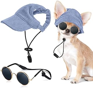 Jadive Hunde Sonnenhut mit Ohrlöchern Katze Hunde Sonnenbrille mit Rutschfestem Silikonband Verstellbarer Haustier Baseballmütze Sommer Sonnenschutz Hut für Welpen Foto-Requisiten(Blau,Klein) product image