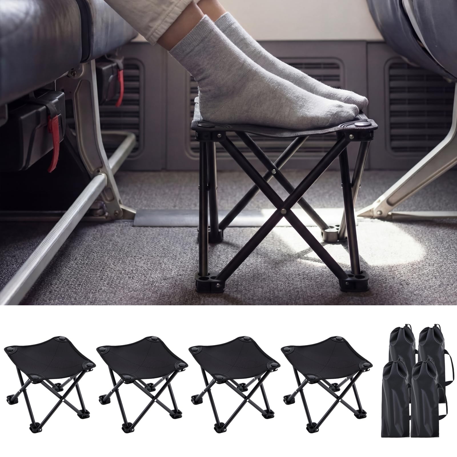 Photo 1 of Ripeng 4 Pcs Portable Airplane Travel Foot Rest, Folding Camping Stool, Under Desk Foot Rest at Work for Long Flight, Home and Office Outdoor Hiking Fishing with Carry Bag (Black)