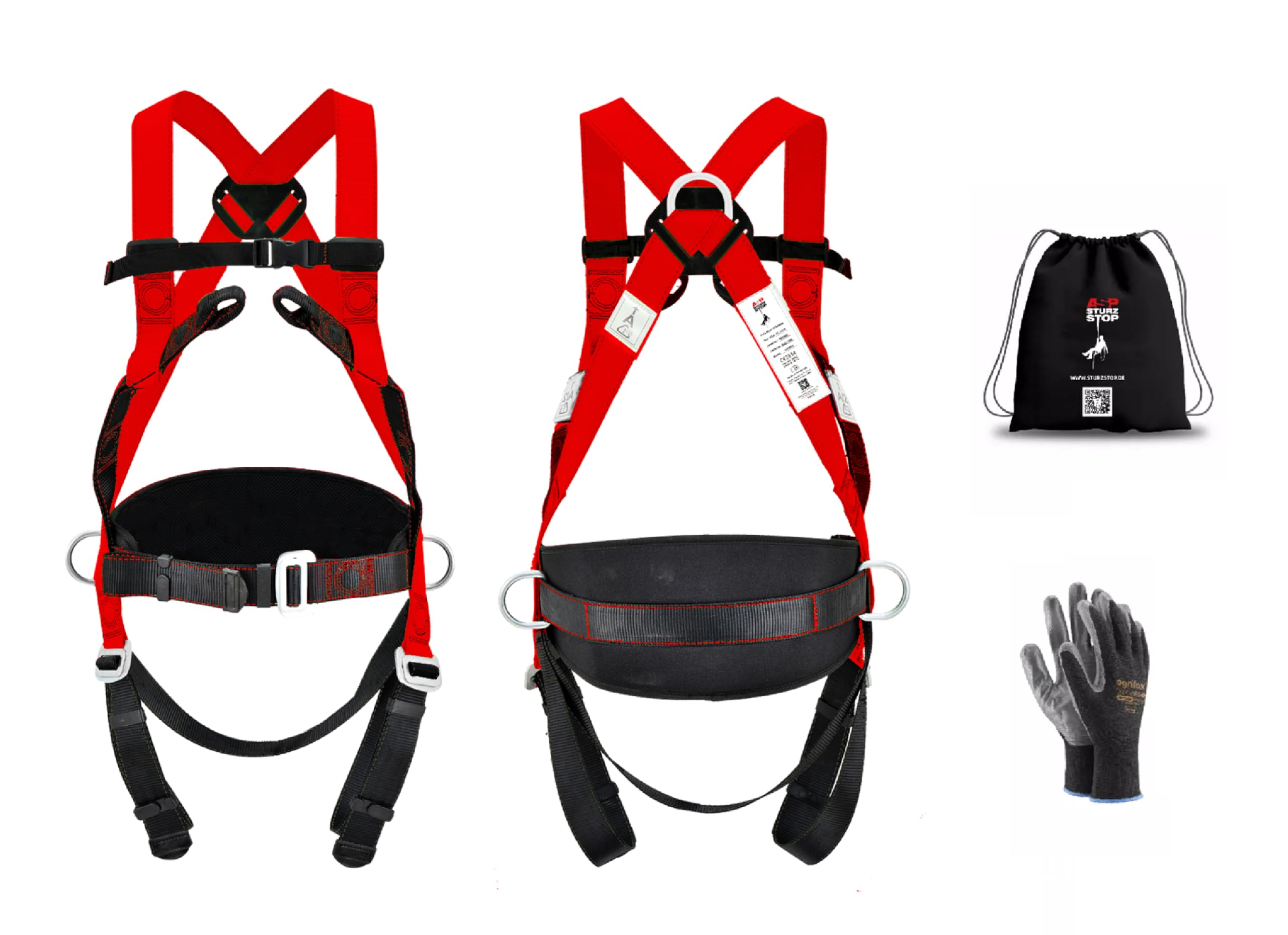 Generisch Fallschutz Set Profi Auffangurt inkl. 10m Seil, Falldämpfer + Gerüstkarabiner + Karabiner + Tasche und Arbeitshandschuhe