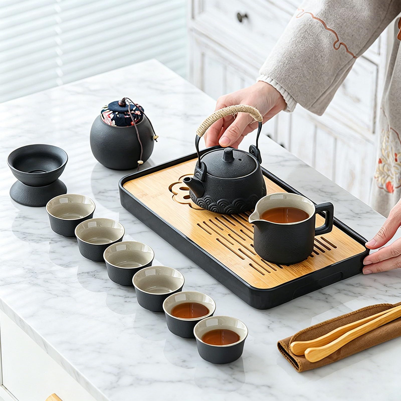 Set da tè da 14 pezzi, set da tè cinese Gongfu in porcellana, bellissimo set di teiera in ceramica con teiera e colino, servizio da tè giapponese, sacchetto regalo tutto in uno, per viaggi