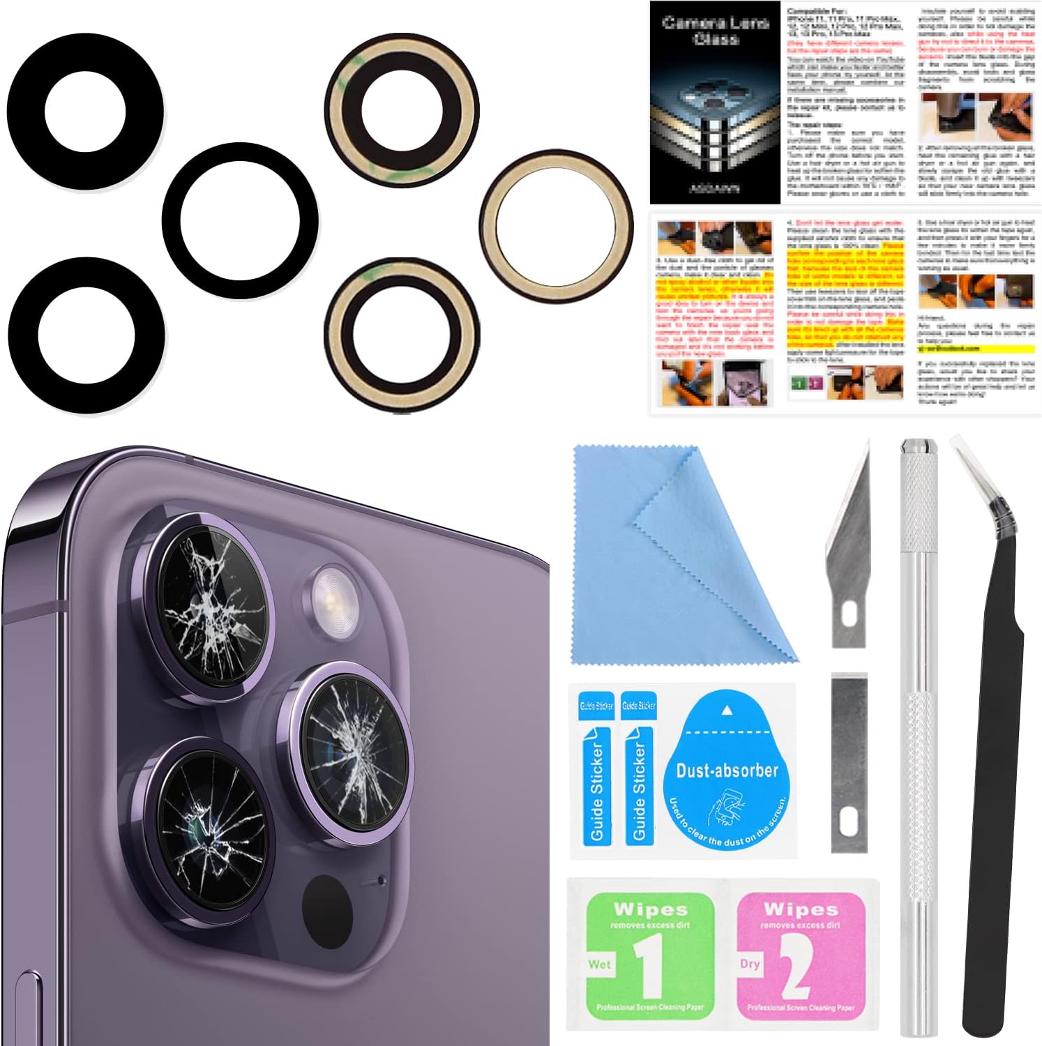 ASDAWN Back Rear Camera Lens Glass Replacement for iPhone 14 Pro 6.1 Inches with Pre-Installed Adhesive, ASDAWN Back camera Lens Glass kit with Installation Manual + Repair Tool Set