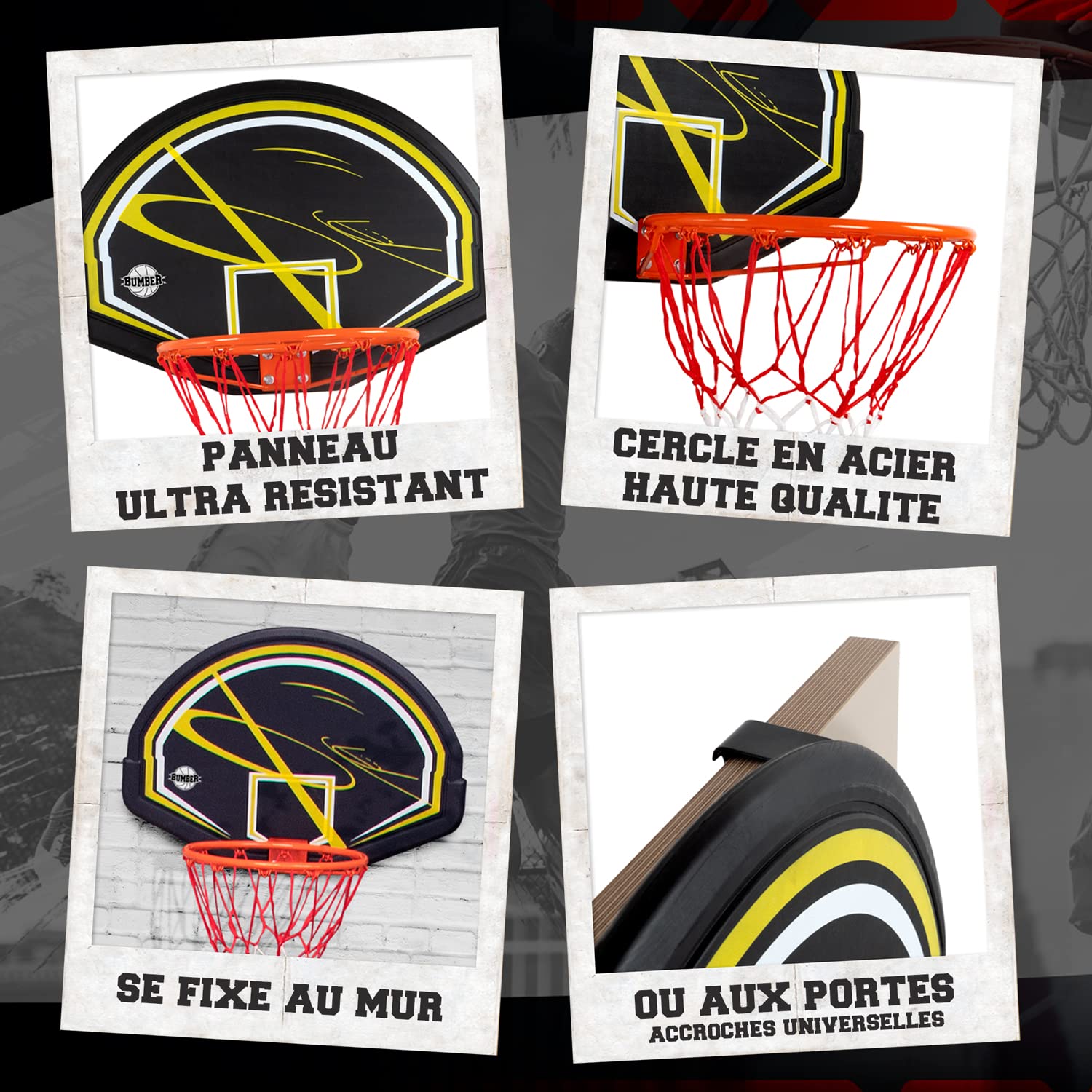 BUMBER Panneau de Basket Memphis Intérieur/Extérieur avec Fixation Porte et Murale incluses, Noir