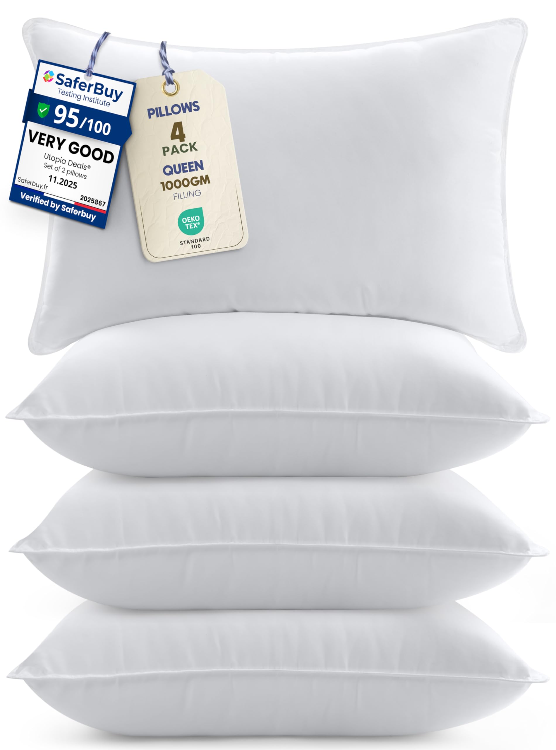Utopia Bedding Pillows 4 Pack, (Queen Size, White) Hotel Quality Luxury Bed Pillow for Back, Stomach or Side Sleepers