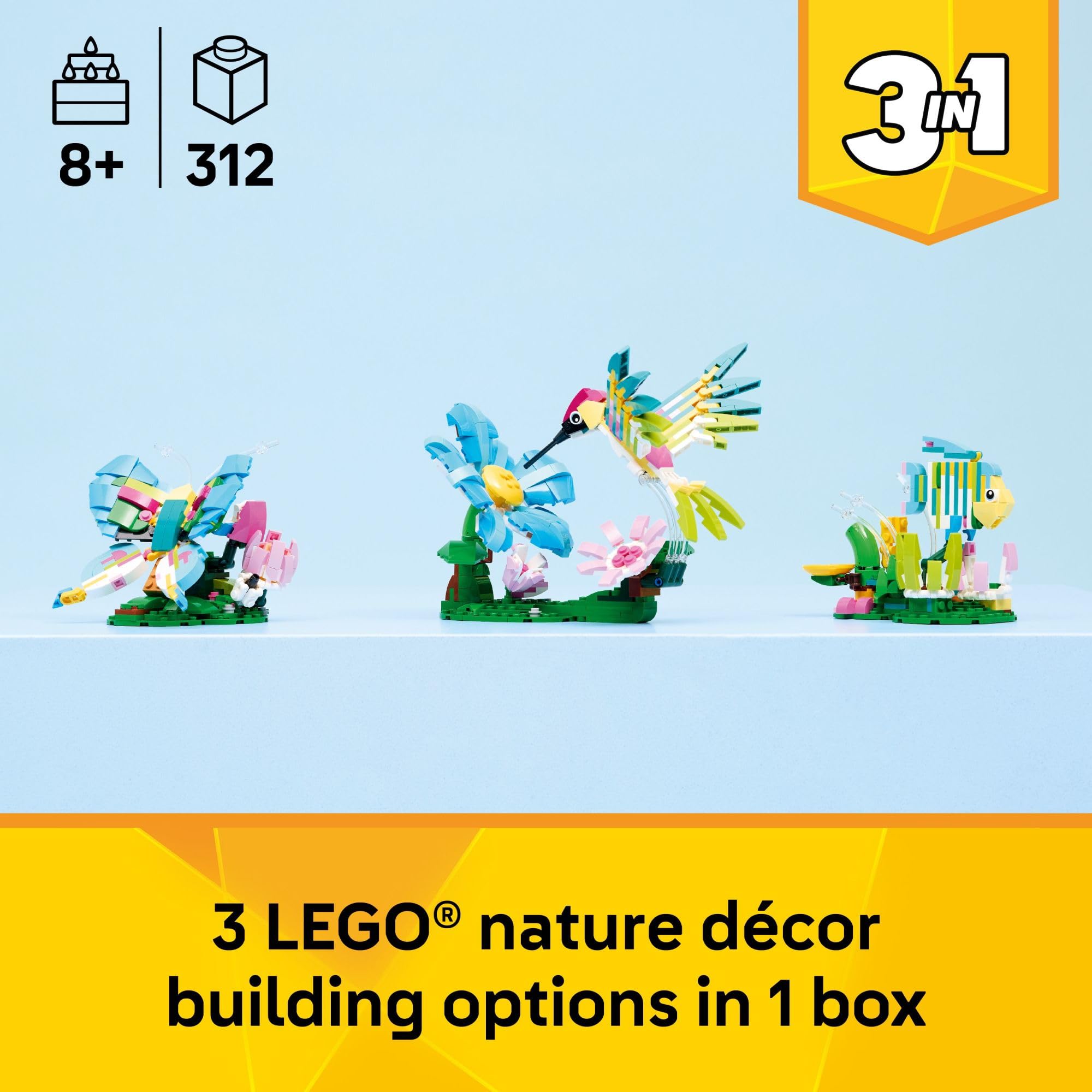 LEGO Creator 3 in1 Wild Animals: Colorful Hummingbird Building Toy for Girls, Boys, & Kids, Ages 8+ - Build a Bird, Butterfly, or Tropical Fish - Gift Idea for Birthdays - 31384