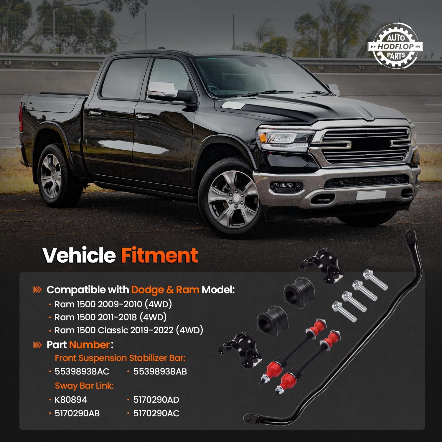 55398938AC Front Suspension Stabilizer Bar Link Kit, K80894 Sway Bar End Link & Bracket Bushing Compatible with Dodge Ram 1500 2009-2010, Ram 1500 2011-2018, Ram 1500 Classic 2019-2022 4WD 55398938AB