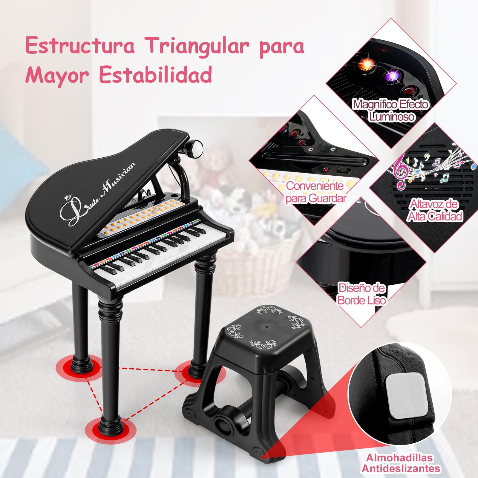 GOPLUS Piano Infantil de 31 Teclas, Piano Electrónico para Niños con Taburete, Micrófono y 3 Modos de Aprendizaje, Juguete Musical, Niños (Negro)