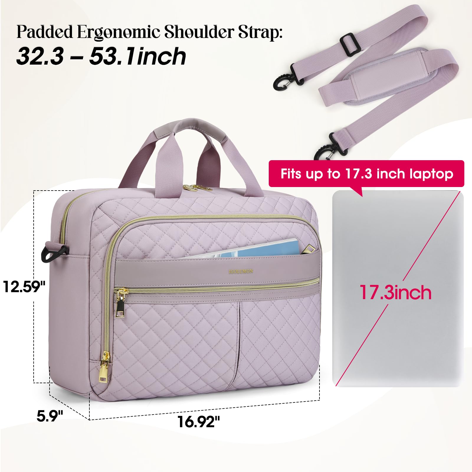 IGOLUMON Borsa per computer portatile da donna 17,3 pollici, impermeabile, per computer portatile, borsa da lavoro, borsa a tracolla