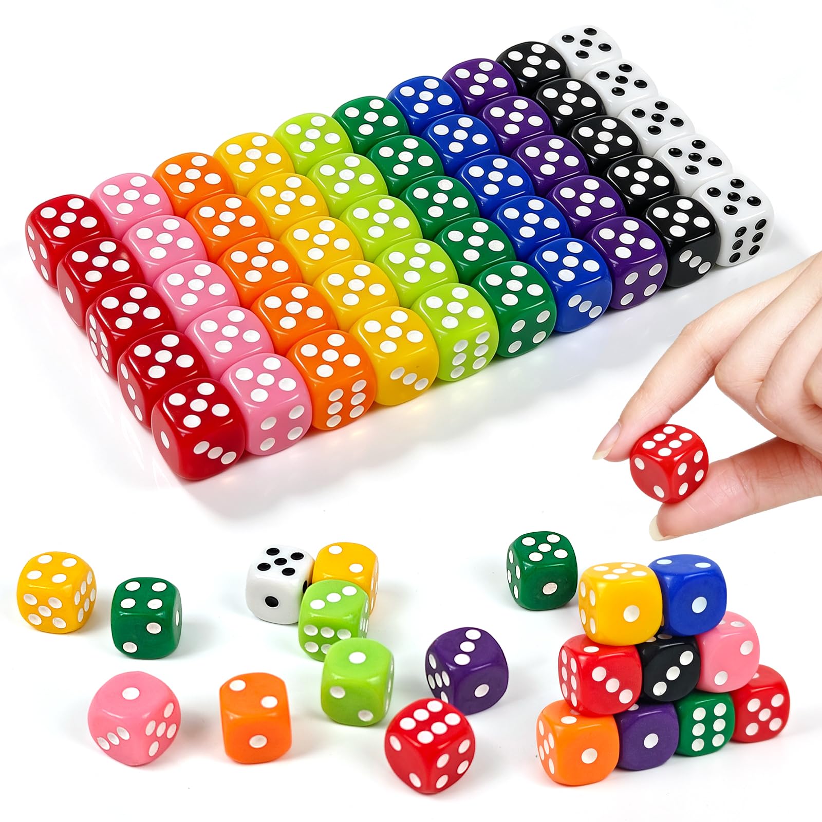 50 Coloured 6 Sided Dice Cubes 16mm, 10 Colours of Square Dice, Acrylic Casino Dice, Small Game Dice Set, Round Corners Poker Dice for Tabletop Board Game Set, Party, Bar
