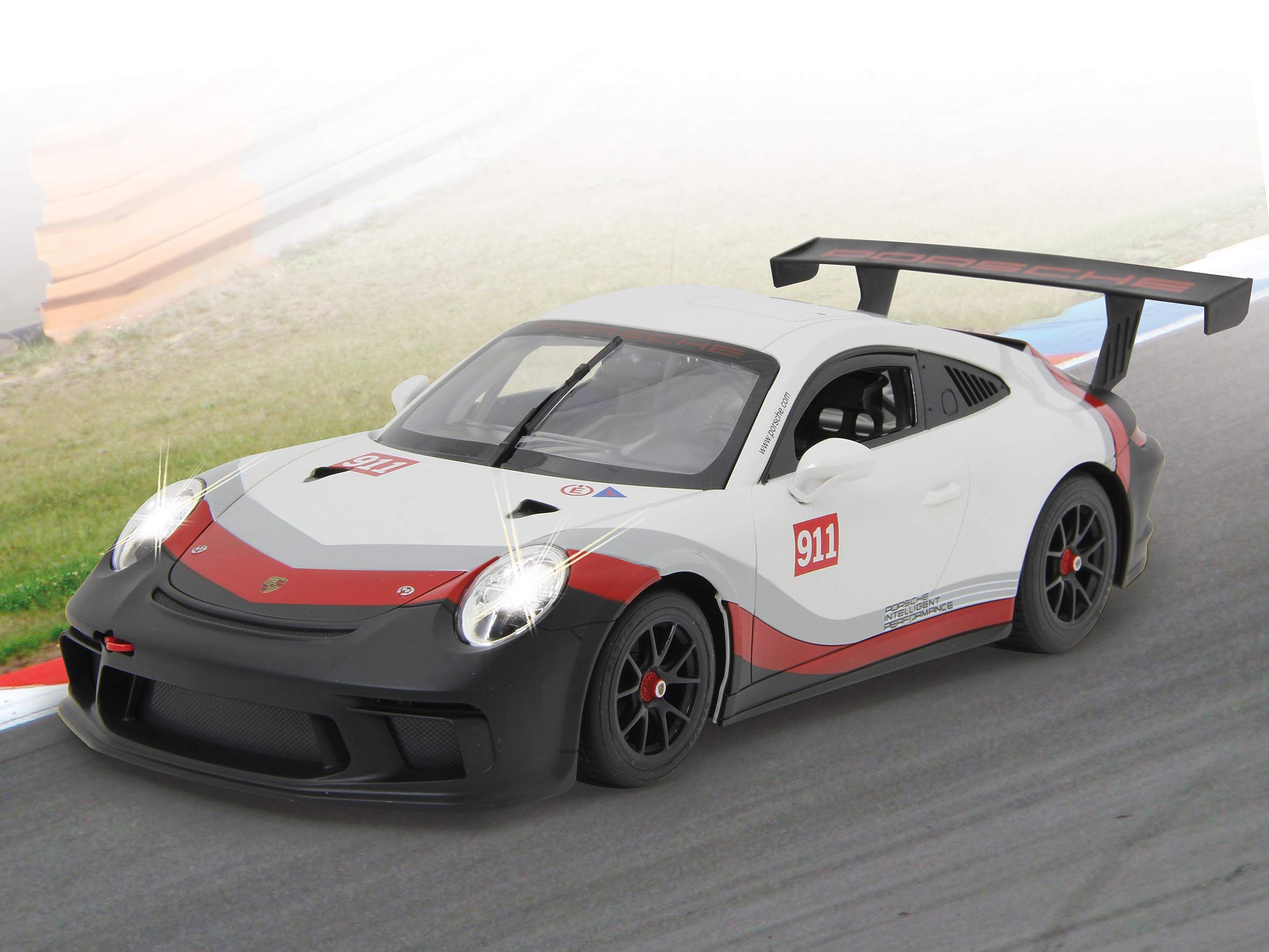 JAMARA 405153 – Porsche 911 GT3 Cup 1:14 biały 27 MHz – samochód RC na oficjalnej licencji, ok. 1 godzina, 11 km/h, idealnie odwzorowane szczegóły, szczegółowe wnętrze, wysokiej jakości wykonanie, światło LED