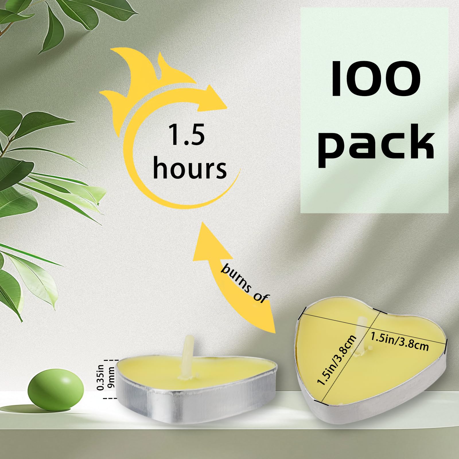 MOAMUN 100 Pack Tea Lights Candles, Heart Shape Tea Candle Votive Candles Mini Bulk Smokeless Tealight Candlestick for Valentine's Day Wedding Anniversary Christmas Decoration(Yellow)