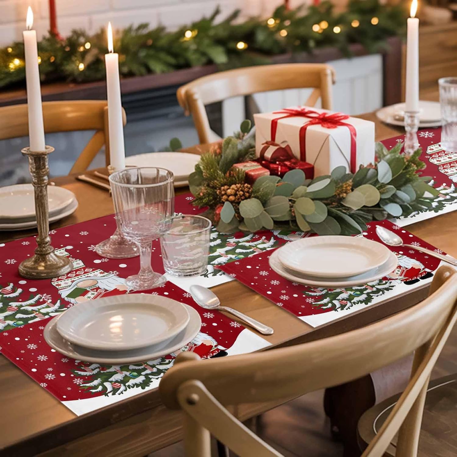 Christmas Table Mats for Dining Kitchen Table,Placemats Set of 4,Santa Claus Cute Gnomes with Pine Tree Snowflake Red Washable Placemat for Outdoor Home Party Office Decor, 13x19 Inch
