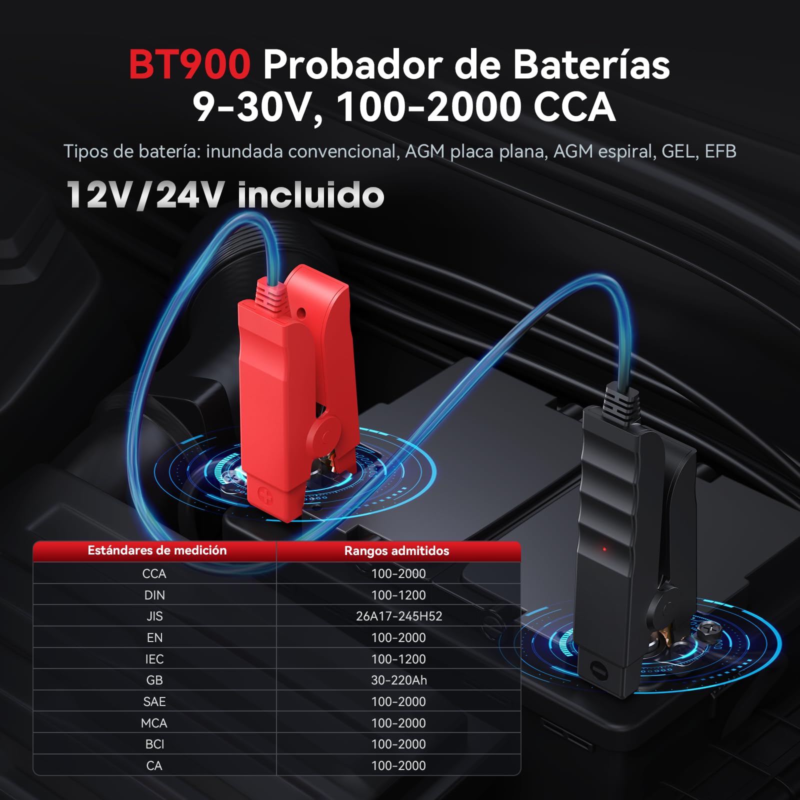iCarsoft BT900 Probador de Batería Coche, Comprobador de Batería 12 V/24 V 100-2000 CCA, AGM, GEL, EFB, Bluetooth Conexión, Prueba de Arranque/Carga para Coche, Moto, ATV, SUV, Barco, Yate