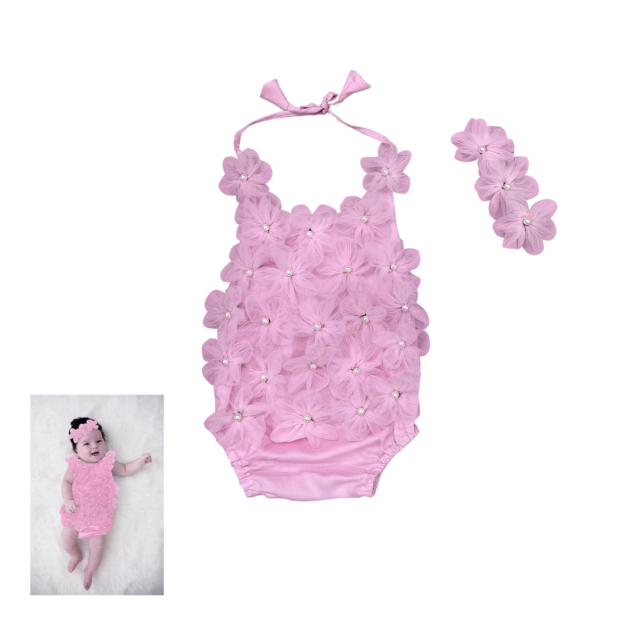 The Root And Craft Kids Birthday Photoshoot Outfit Dress Girls Floral Applique Romper with Hairband Born Baby Photography Photoshoot Props(0 to 6 Month) Pink-picture-10