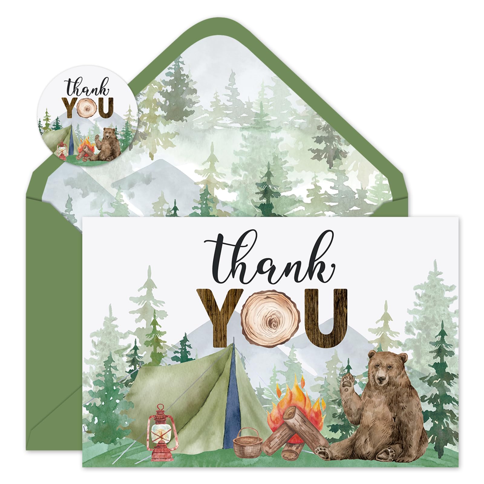 Whaline 24 Pack Camping Thank You Cards Bulk Tree Bear Tent Campfire Note Cards with Envelopes Stickers Watercolor Forest Greeting Blank Cards for