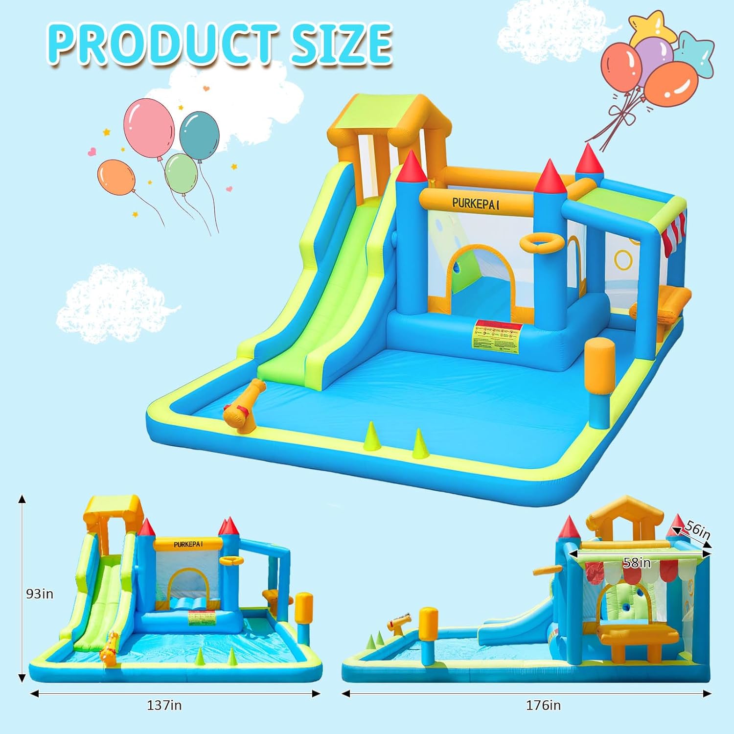Inflatable Bounce House with Slide,Water Slide，Splashing Pool,Water Cannon,Climbing Wall,Basketball Hoop,Inflatable Water Park Slide with 520W Blower for Kids Backyard Summer Outdoor