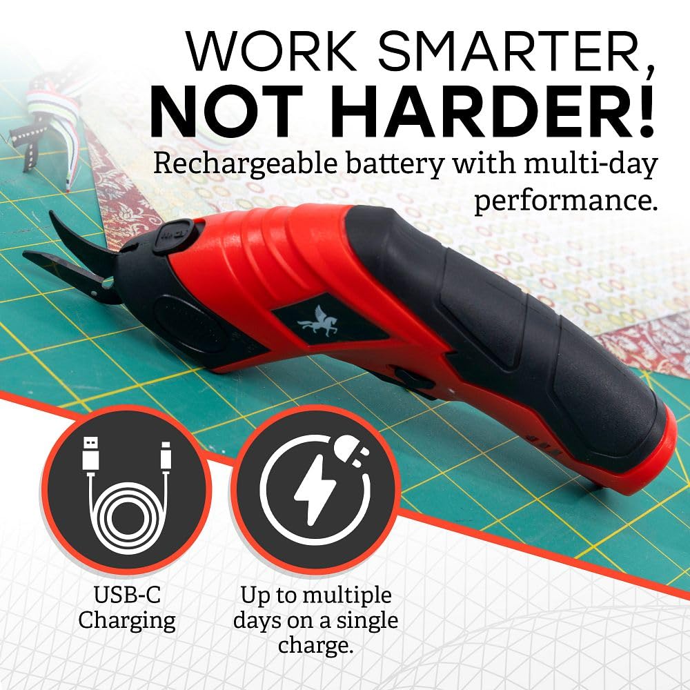 Pegazos Cordless Electric Scissors - Rechargeable Cutting Tool for Fabric, Cardboard, Plastic, Paper, Leather - Detachable Blade, Ergonomic Grip, Safety Lock - Includes Extra Cutter Head & USB Cable