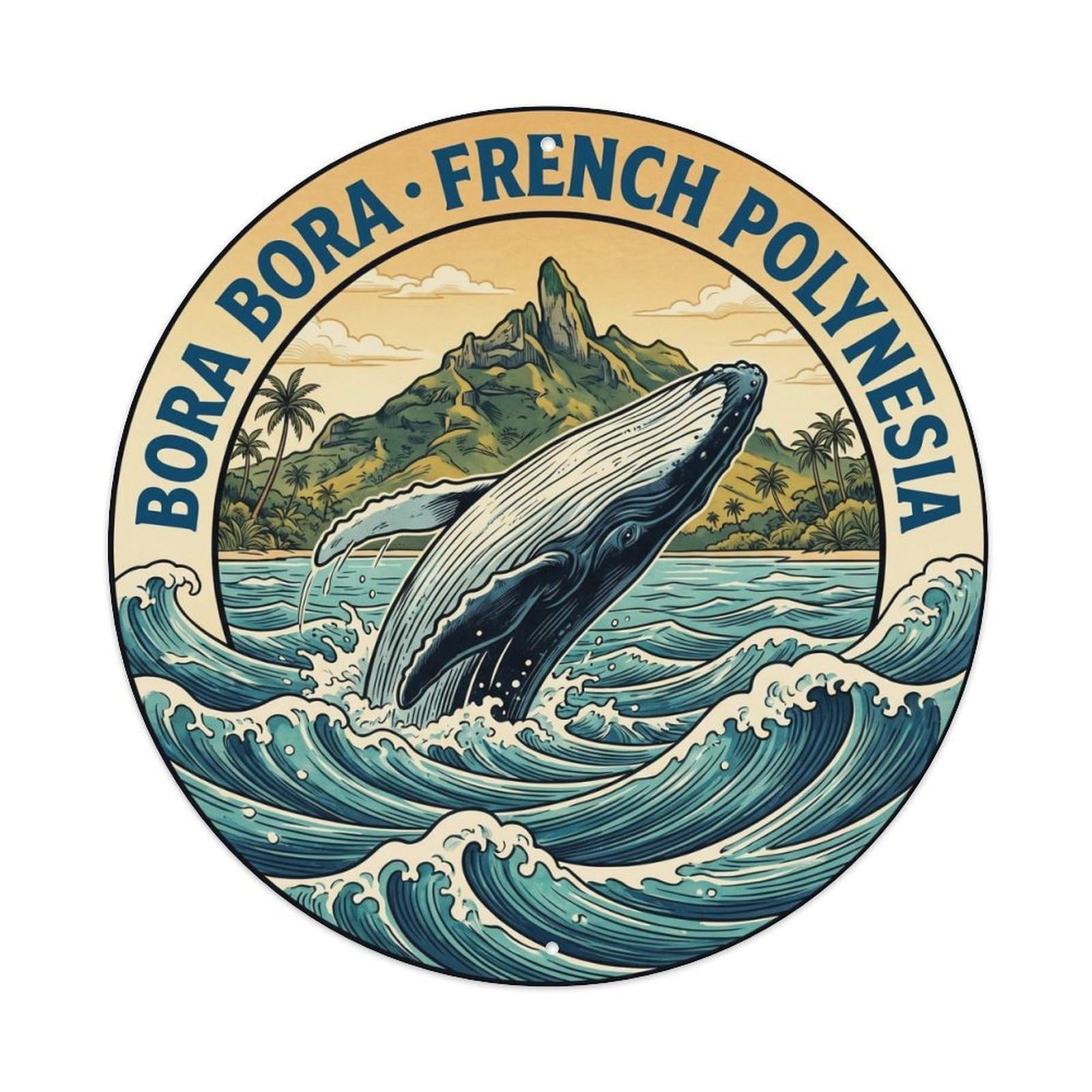 Olyhtr 8X8inch Classic Style Whale Borabora Otemanu Lagoon Woodblock Reef Metal Tin Sign