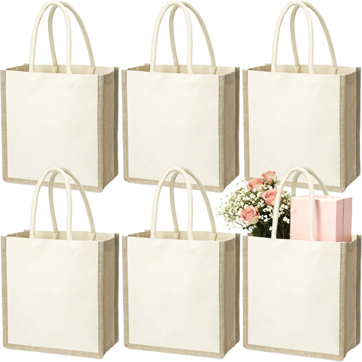 SOUJOY 6 Pack Burlap Tote Bags, 23×25cm Reusable Jute Gift Tote with Handles, Small Beach Bags, Canvas Grocery Shopping Tote for Thanksgiving, Christmas, Bridesmaid, DIY, Shopping, Pool, Wedding Bag