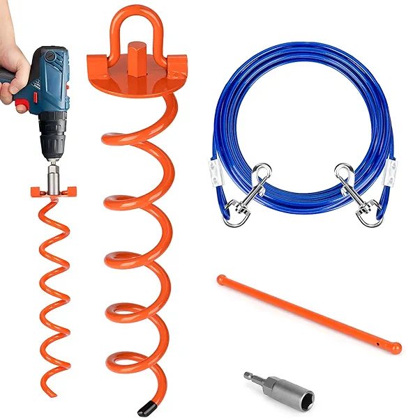 Dog Tie Out Stake, Heavy Duty 180° Flip Folding Ring Spiral Spike Auger Ground Stake Anchors with Dog Outside Lead Cable Leash, Power Nut Drill Bit, Iron Rods Wrench, for Yard Camping Beach, Orange