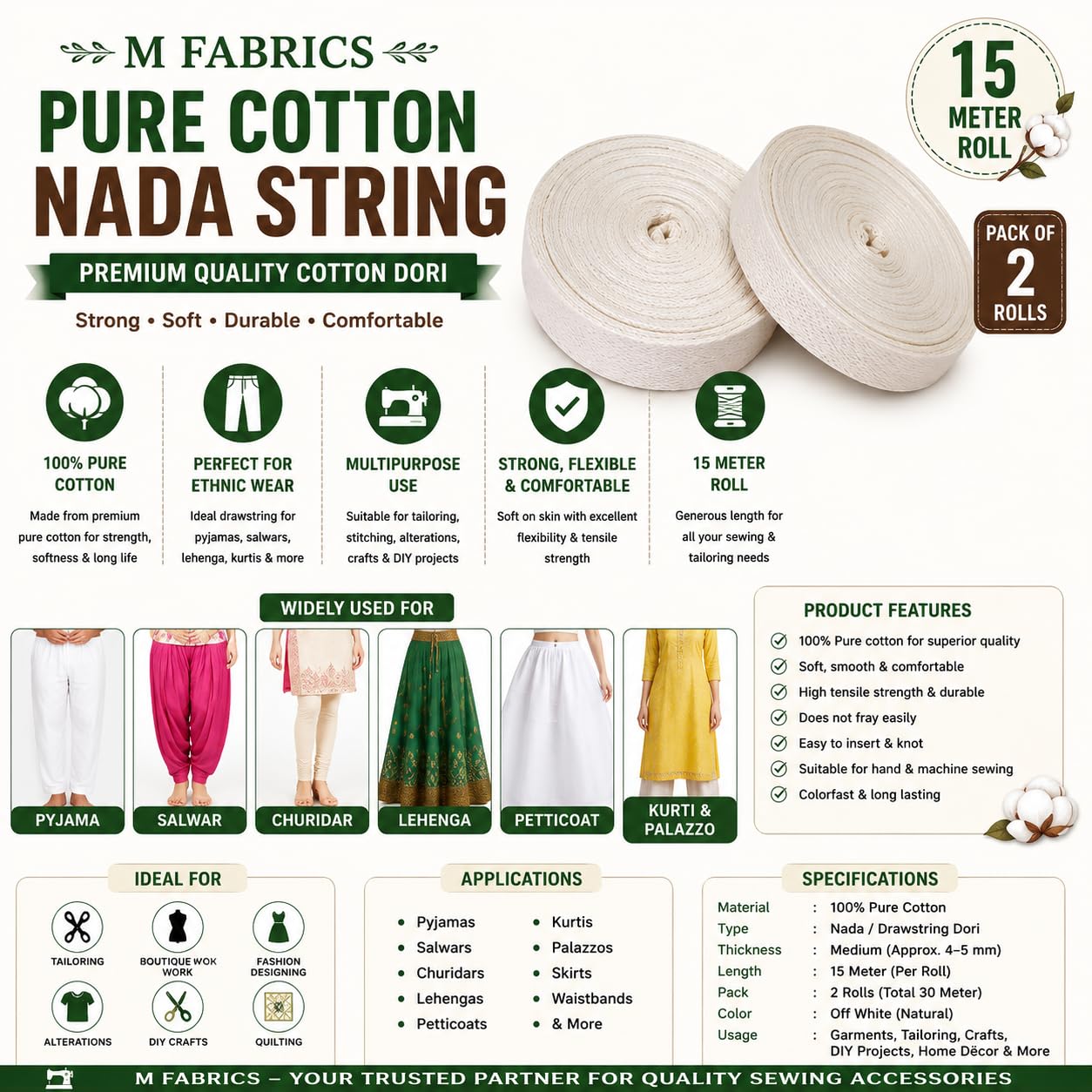 M Fabrics Pure Cotton Nada String 2 Pcs | Cotton Drawstring Dori for Pyjama Salwar Petticoat Lehenga Kurti Sewing Tailoring & Craft (15 Meter) (Pack of 2) - (0.25 Inches Width)