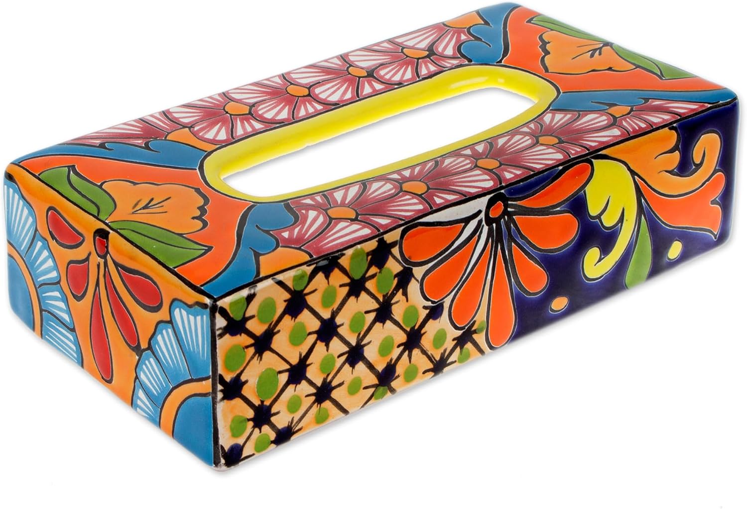 NOVICA Artisan Crafted Ceramic Tissue Box | Talaverastyle Cover Floral | Multicolor Decor Accessories | Vanity Folk Art | Floral Motifs | Mexico ' Hacienda Convenience' 2.8" H x 11" W x 5.75" D