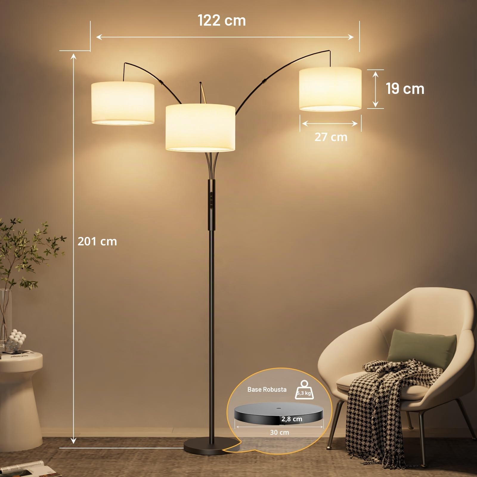 SIBRILLE Lampada ad arco, 36 W, con paralume in tessuto bianco, 3000 lm, lampada da terra super luminosa con telecomando e touch, lampada da terra a LED, dimmerabile, 187 cm, per soggiorno, camera da