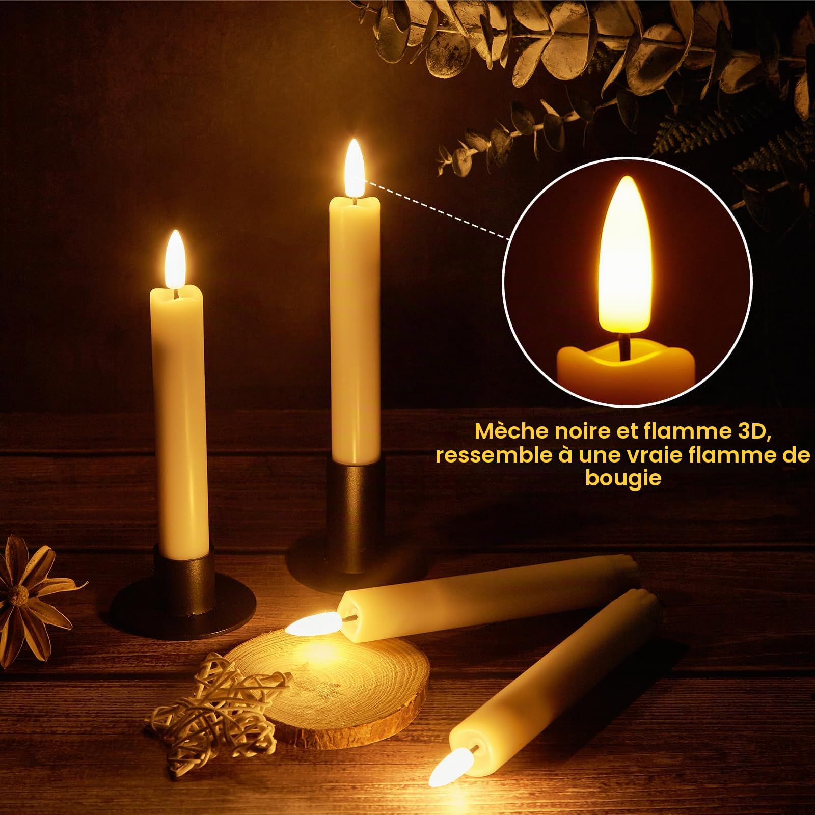 IMAGE Lot de 12 bougies coniques sans flamme avec télécommande, mèche 3D rechargeable, couleur ivoire avec minuterie, ligne de pêche de 100 m, décoration d'intérieur, mariage, anniversaire, Noël