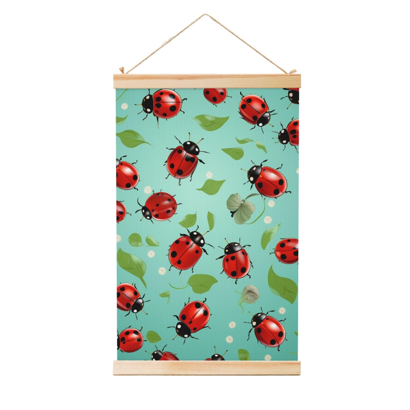 Red Ladybugs Poster Wooden Shaft Hanging Poster Wall Hanging Banner Canvas Artwork with Wood Frames 20"x30" Modern Artwork Decor Ready to Hang Wall Art for Home Decor Scroll Painting