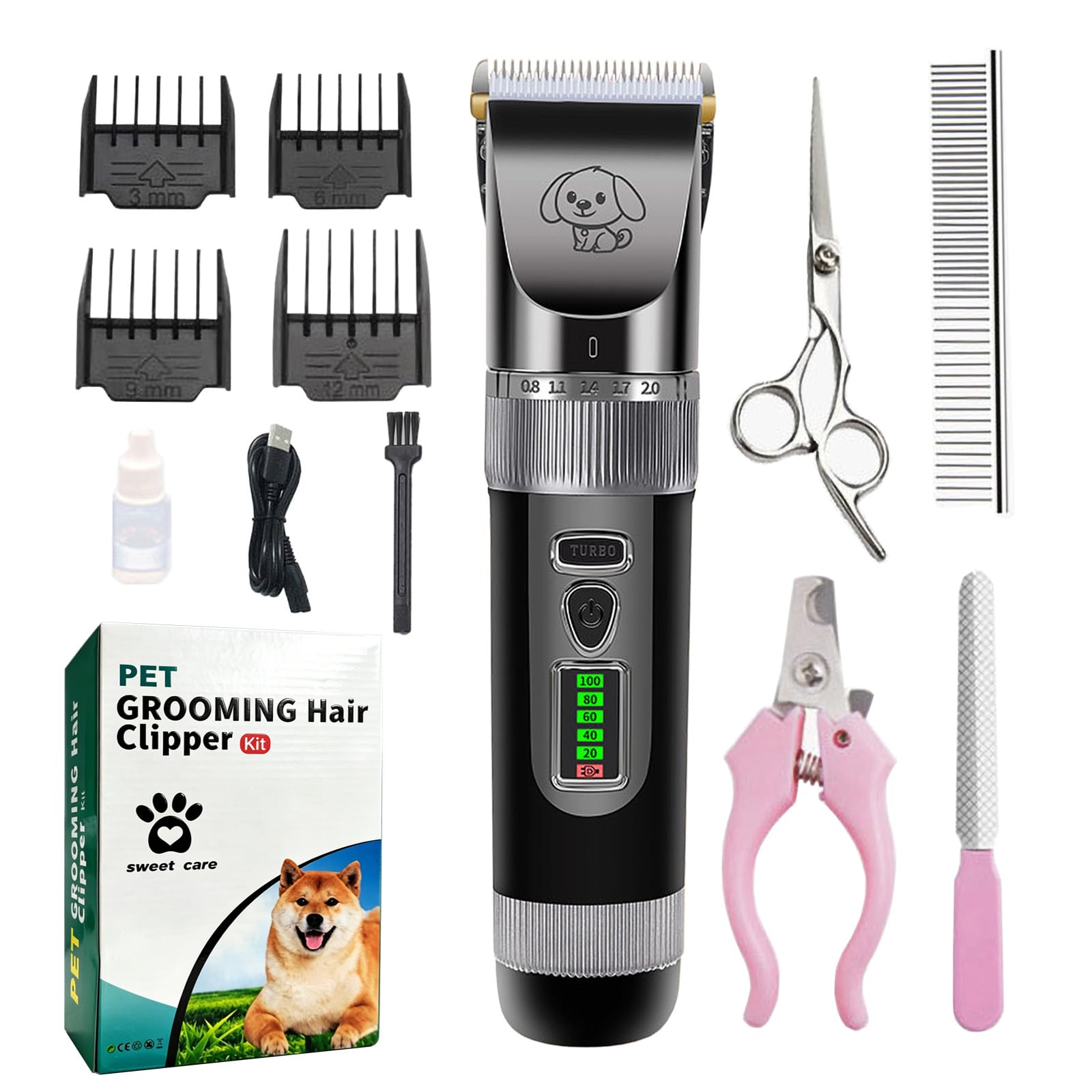 Pet Clippers, Quiet Dog Grooming Clippers with Ceramic Blade & 4 Guard Combs, Pet Hair Clippers for Dogs & Cats, Electric Trimmer Set with Scissors & Nail Clipper (Stainless Steel)