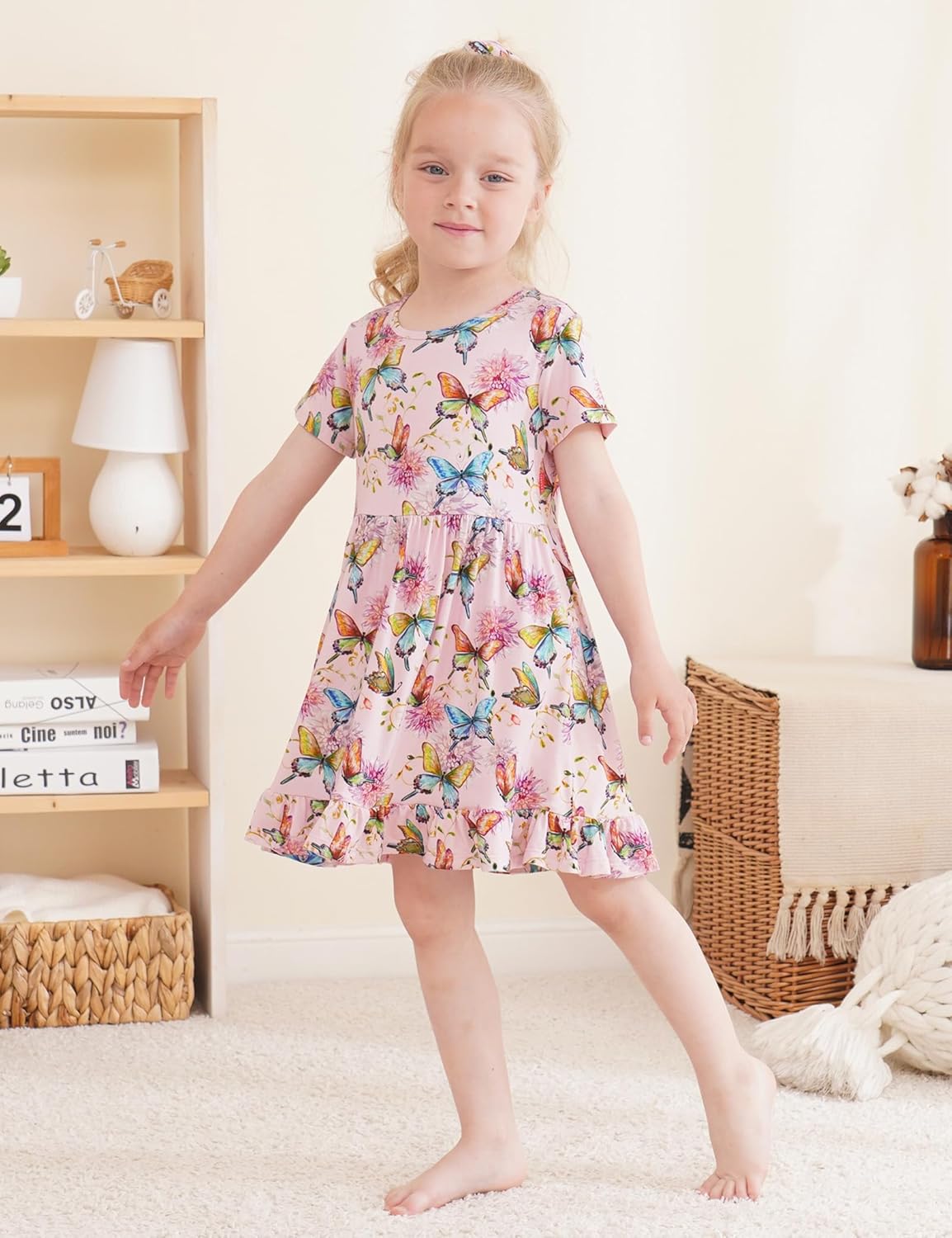 Toddler Girls Short Sleeve Summer Dress Buttery Soft Bamboo Viscose Twirl Dress - Image 2