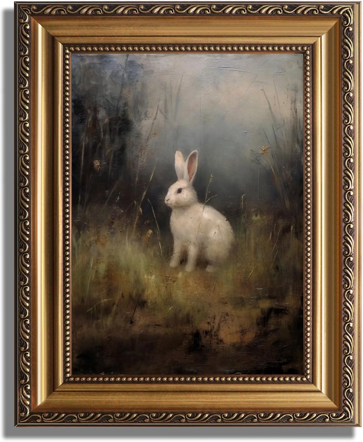 KBKBART Gold Framed Vintage Rabbit Wall Art, Dark Academia Wild Hare Canvas Print 9x12, Retro Bunny Decor for Living Room
