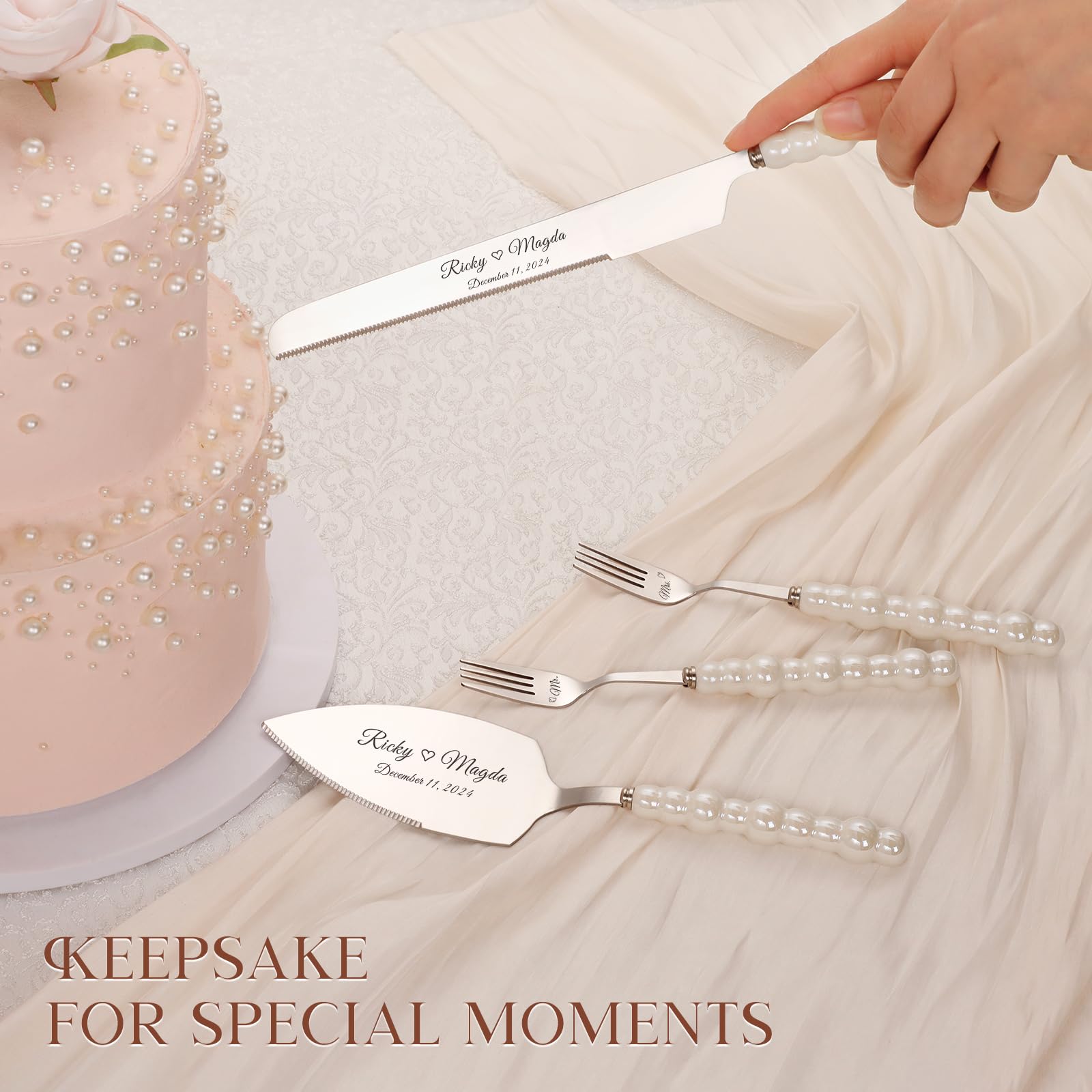 Perle Ensemble de Couteau Et Serveur de Gâteau de Mariage avec Fourchettes, Argent Ensemble de Découpe de Gâteau en Acier Inoxydable pour le Mariage Comprennent un Coupe-Gâteau et un Serveur (4)