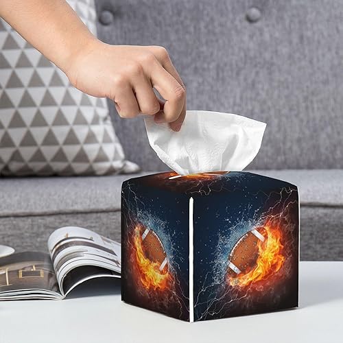 Miniatura 6 de Caja de pañuelos de fútbol americano en fuego y agua, soporte de caja de pañuelos de cuero, organizador de papel facial cuadrado, dispensador para