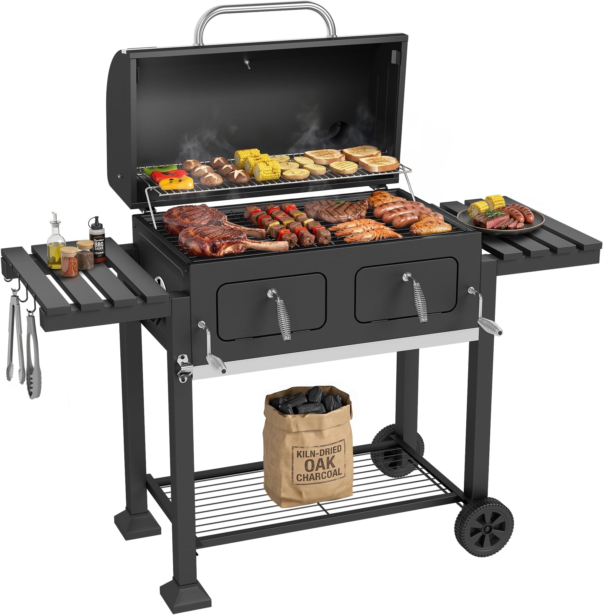 Sophia & William Extra Large Charcoal BBQ Grills with 794 SQ.IN. Cooking Area, Outdoor Barbecue Grill with Dual-Zone Individual & Adjustable Charcoal Tray and 2 Foldable Side Table, Black